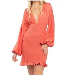 Lani The Label Taylor Bodycon Mini Dress Women's Size XS Orange Smocked V-Neck